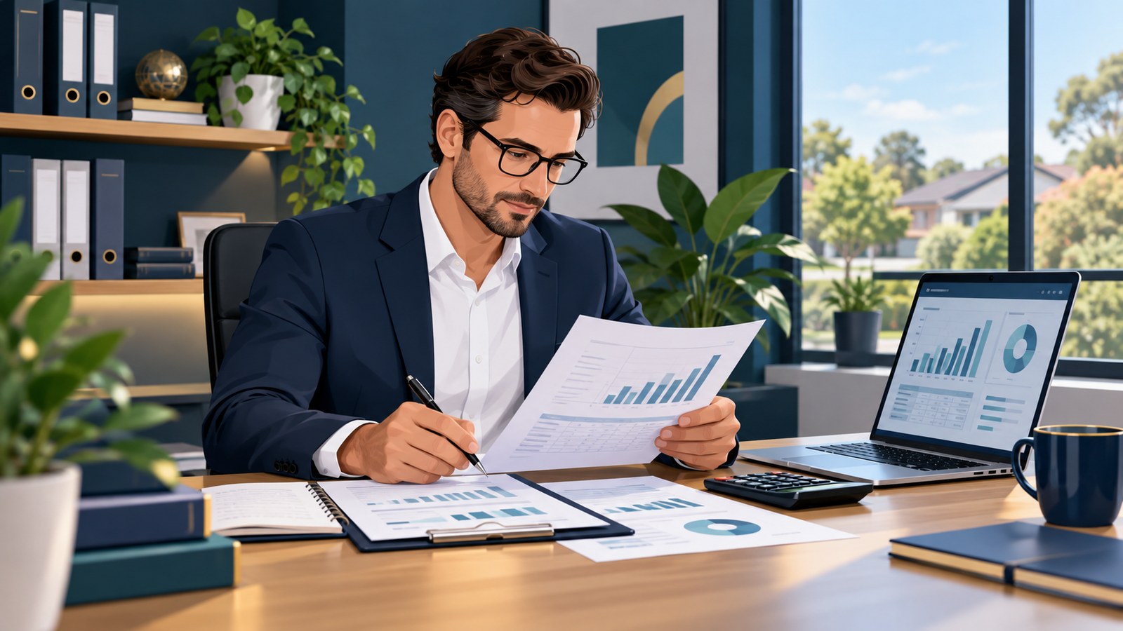 Professional accountant reviewing business financial records