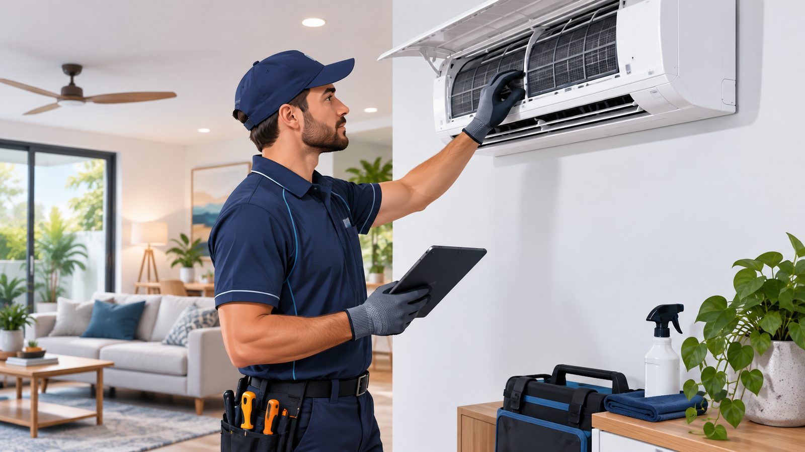 Air-conditioning technician inspecting a split-system unit