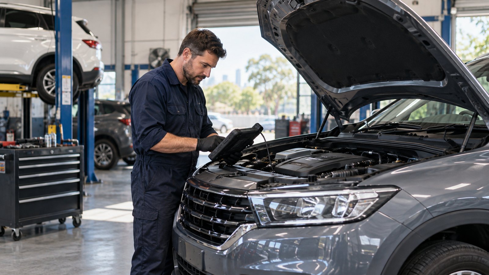 Illustrative automotive technician inspecting a vehicle in a workshop