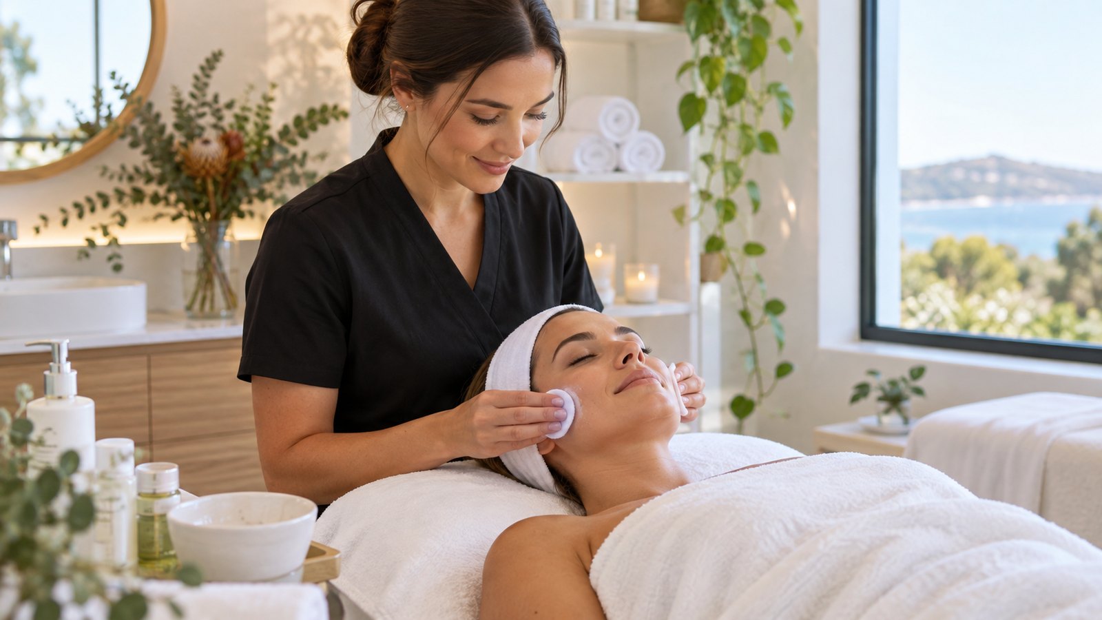 Illustrative beauty therapist providing a facial treatment