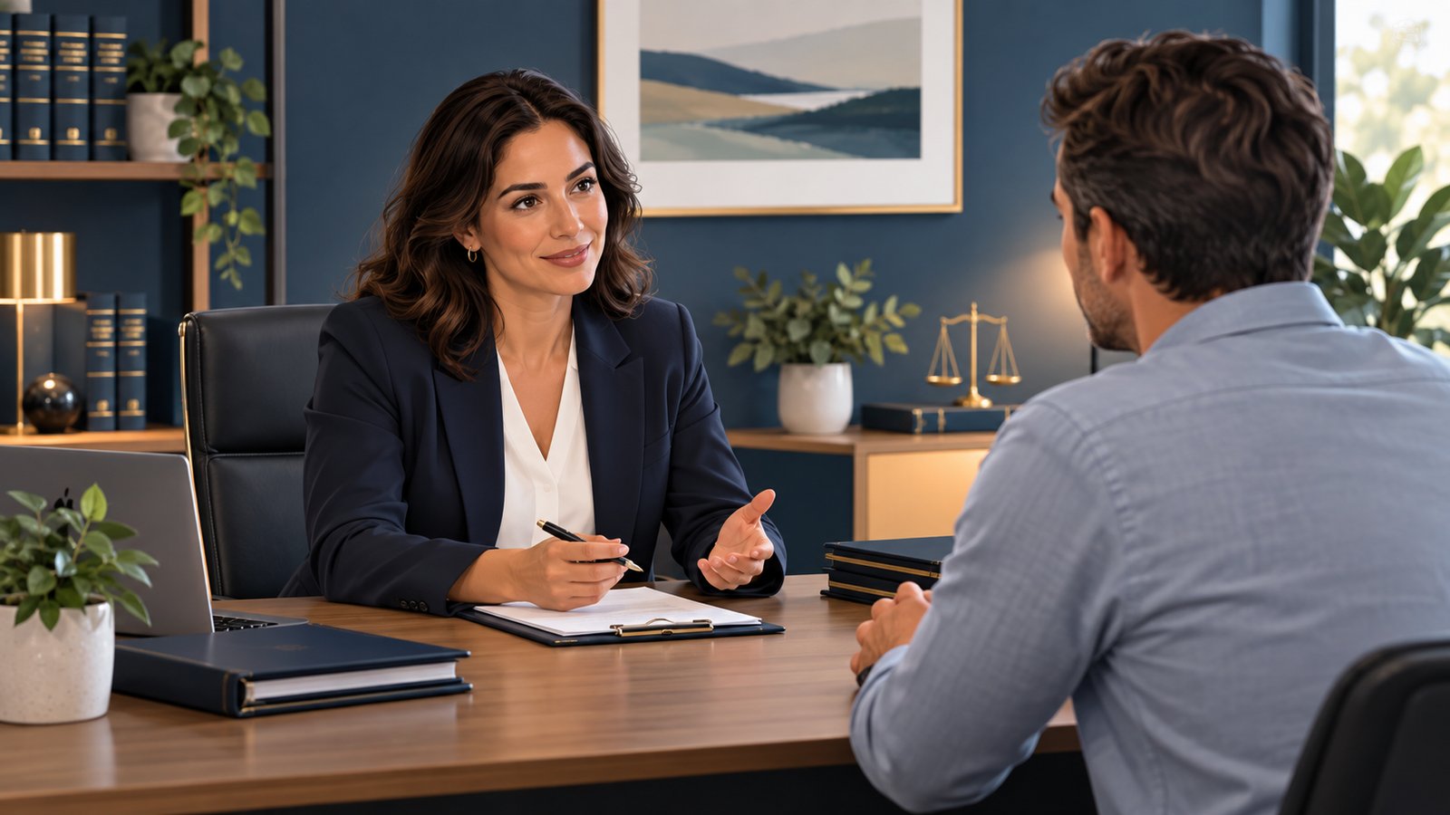 Illustrative business lawyer meeting with a client