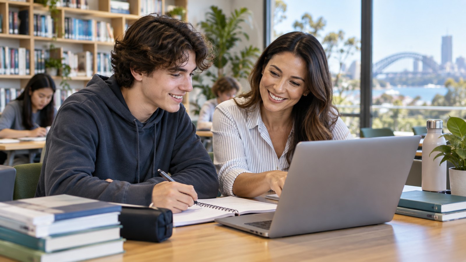 Illustrative tutor supporting a student with study in a library