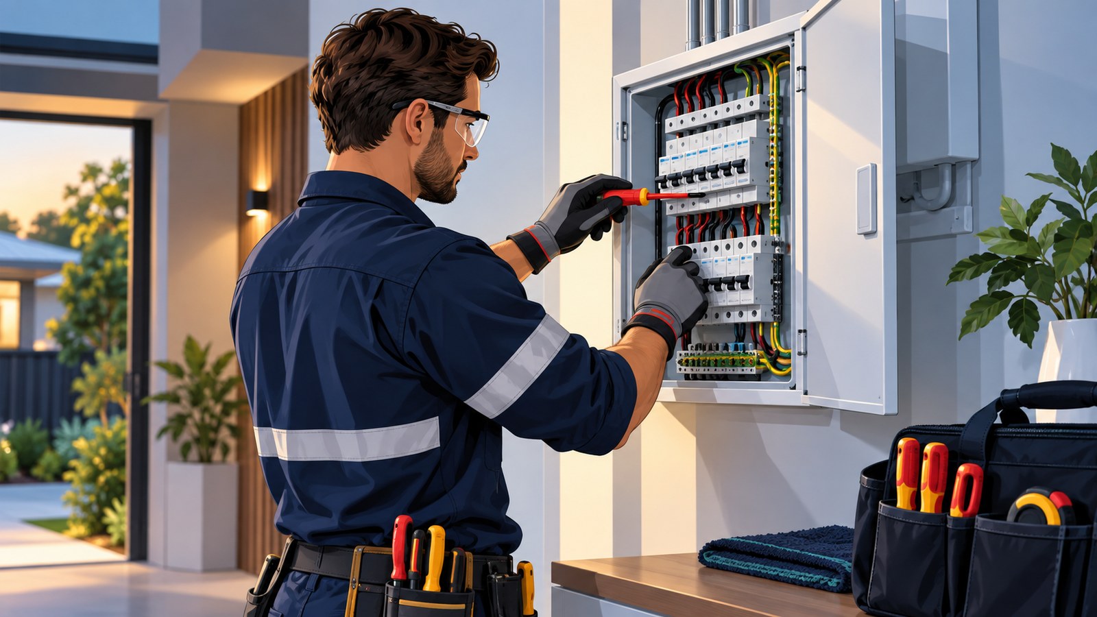 Professional electrician working on a residential switchboard