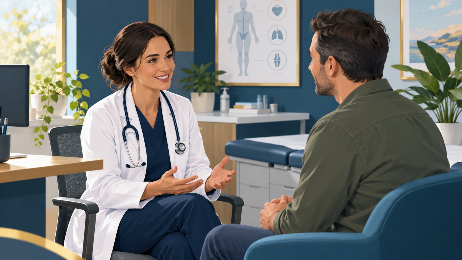 Illustrative health professional consulting with a patient