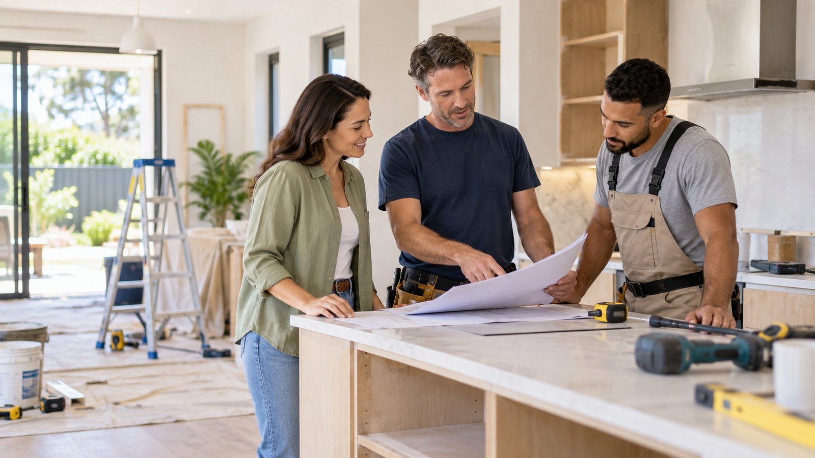 Illustrative homeowners reviewing renovation plans with tradespeople