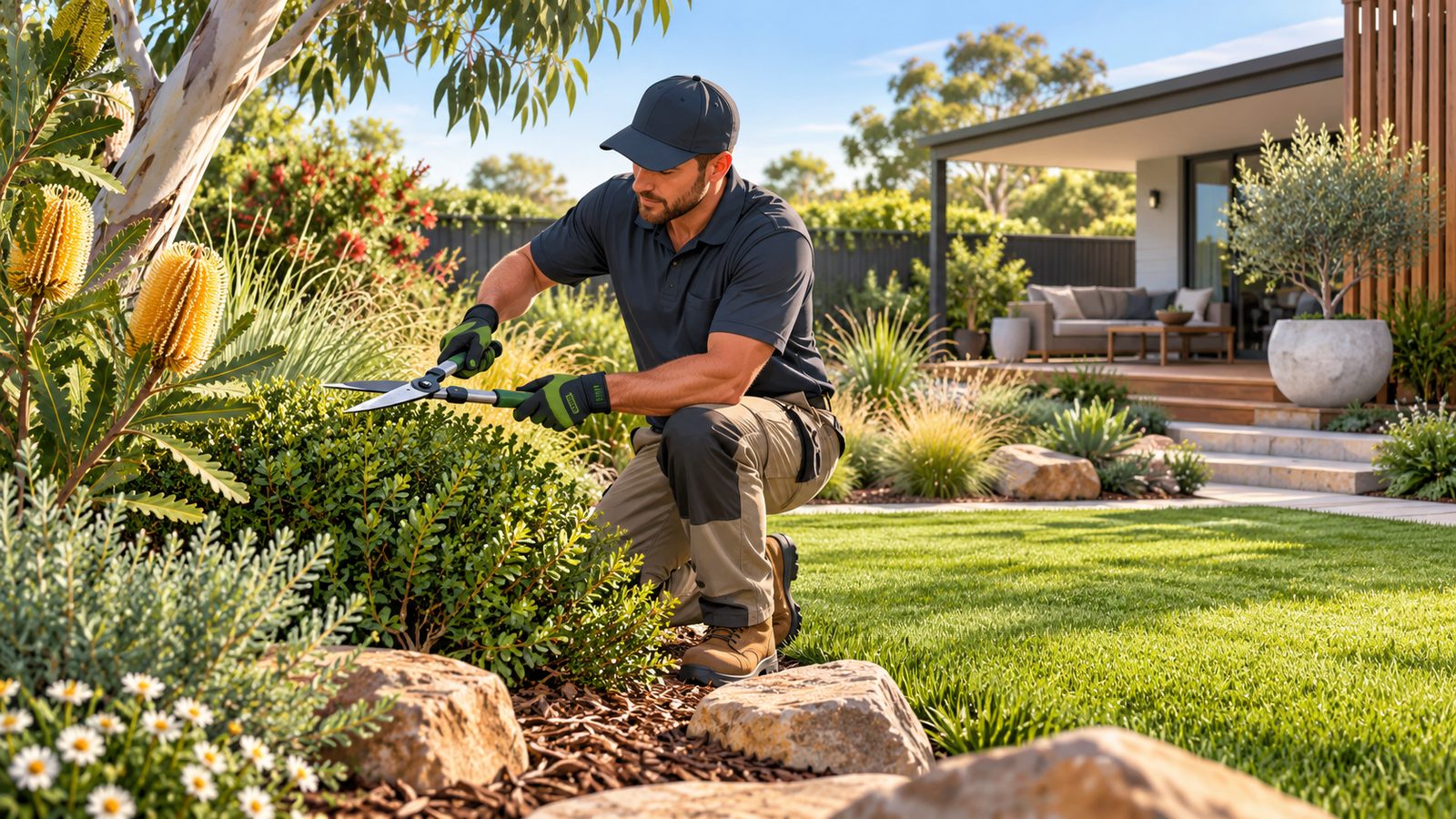 Professional landscaper maintaining an Australian garden