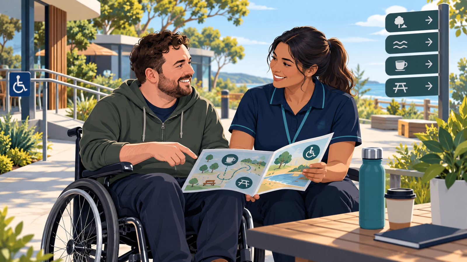 Illustrative NDIS participant and support worker planning an accessible outing