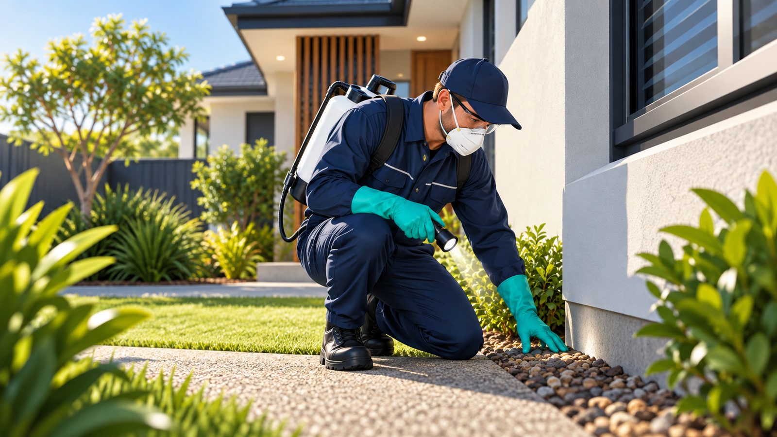 Pest-control technician inspecting a residential property