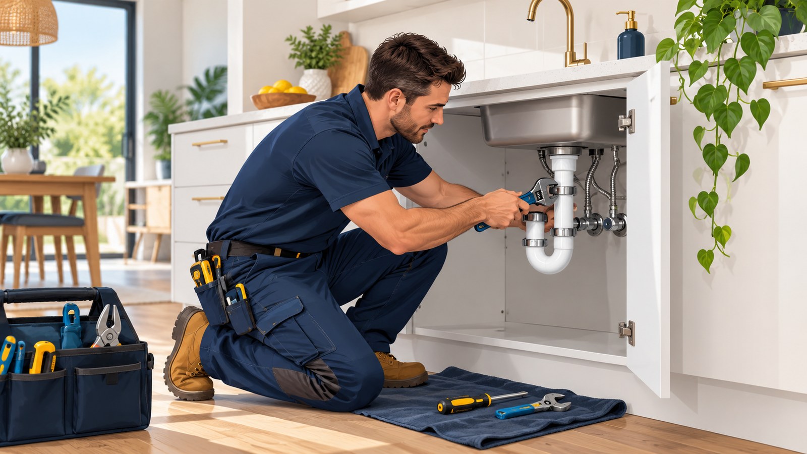 Professional plumber repairing household pipework