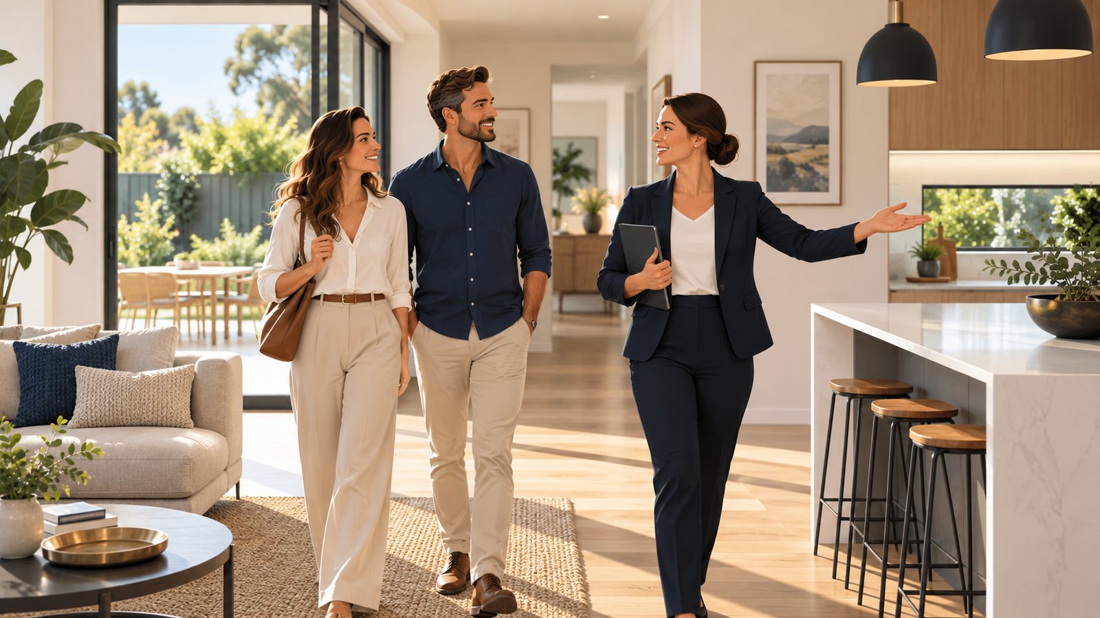 Illustrative real estate agent showing a home to prospective buyers