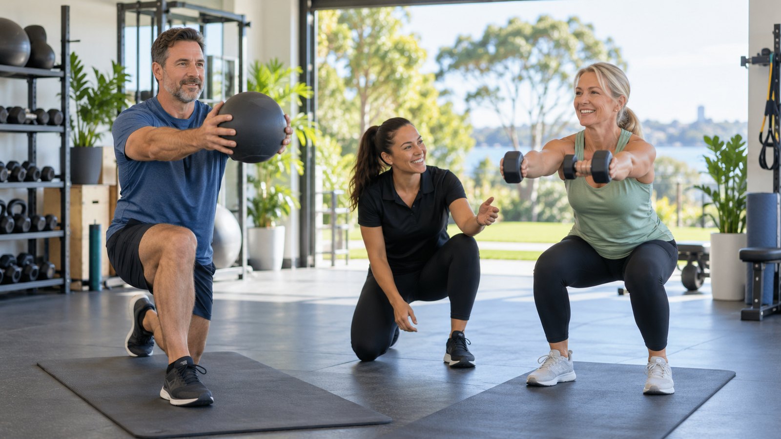 Illustrative fitness trainer guiding two adults through strength exercises